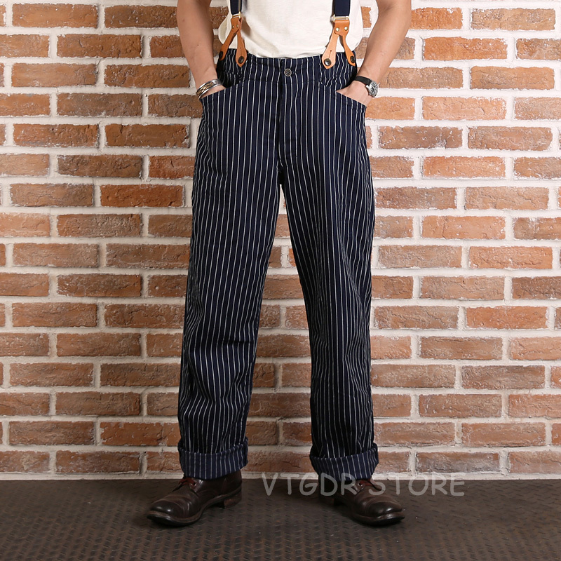 

Vintage stripes high-waisted overalls, dark blue casual cargo pants. HLI2, Pinstripe