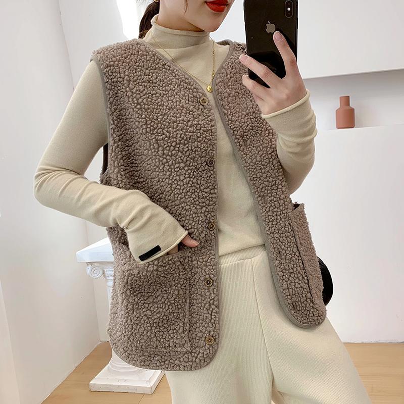 

Winter Wool Vest Womens 2021 Casual Lamb Fur Warm Sleeveless Waistcoat Female Round Neck Outwear Jackets Korean Style Clothes, Black;white