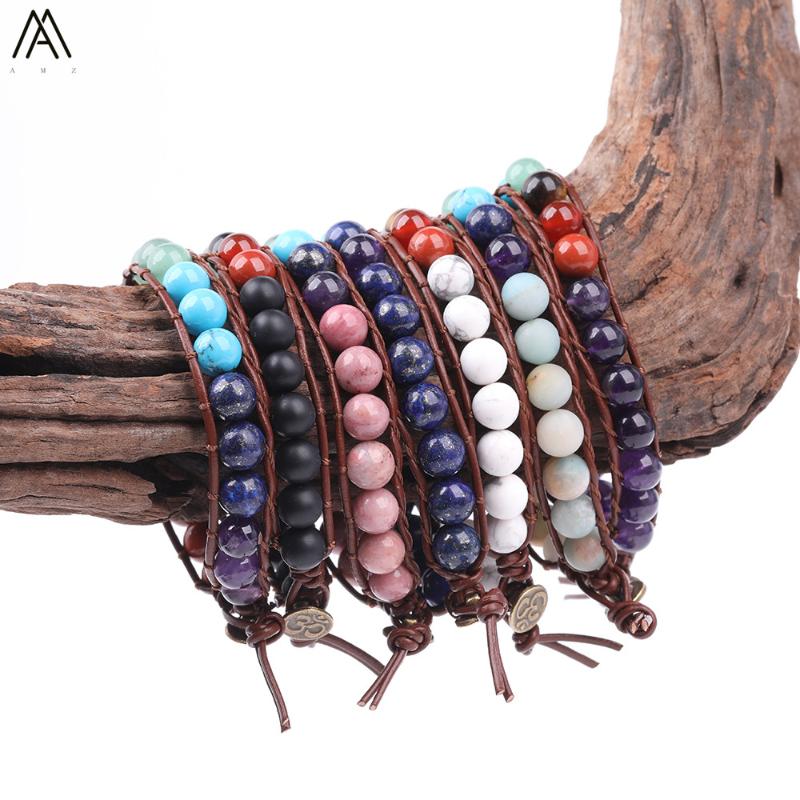 

Charm Bracelets 8mm Round Natural Stone Beads Woven Wrap Leather Bracelet Jewelry Boho Women Yoga Mala N0348AM