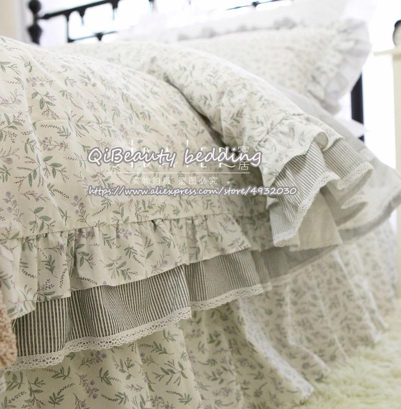 

Elegant pastoral small floral fresh lotus leaf inlaid lace 100% cotton bedding downs king bed comforters game of 180x200 sheets, Striped bed skirt