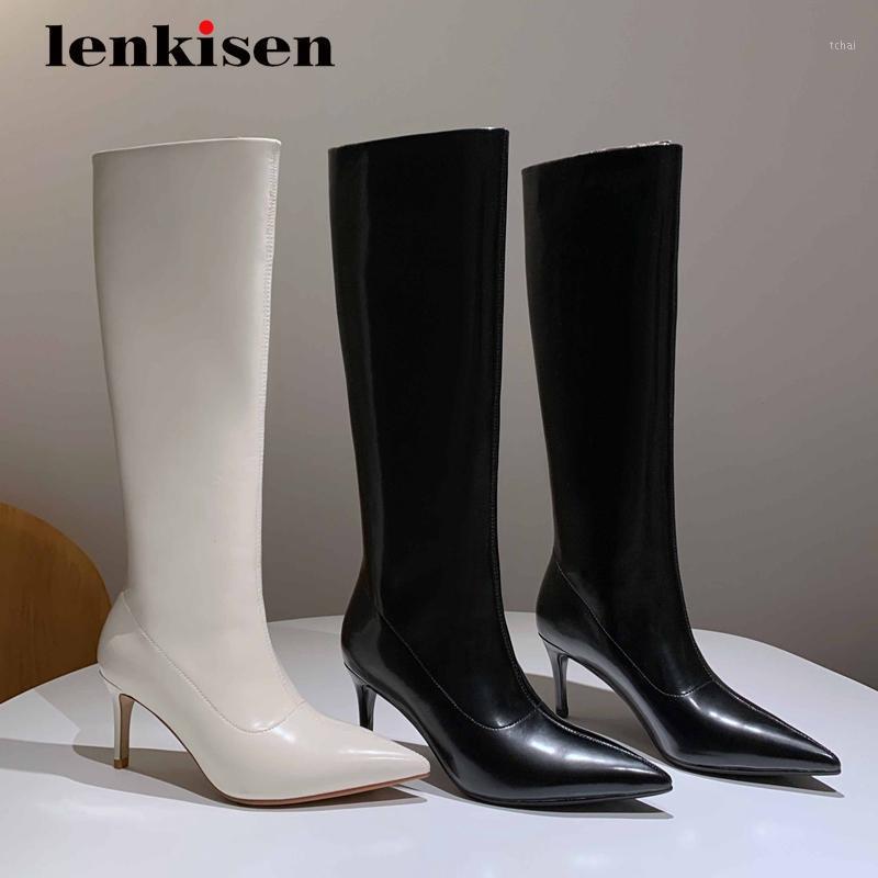 

Lenkisen riding boots real cow leather high street fashion pointed toe thin high heel zipper elegant dating knee-high boots L231, Beige