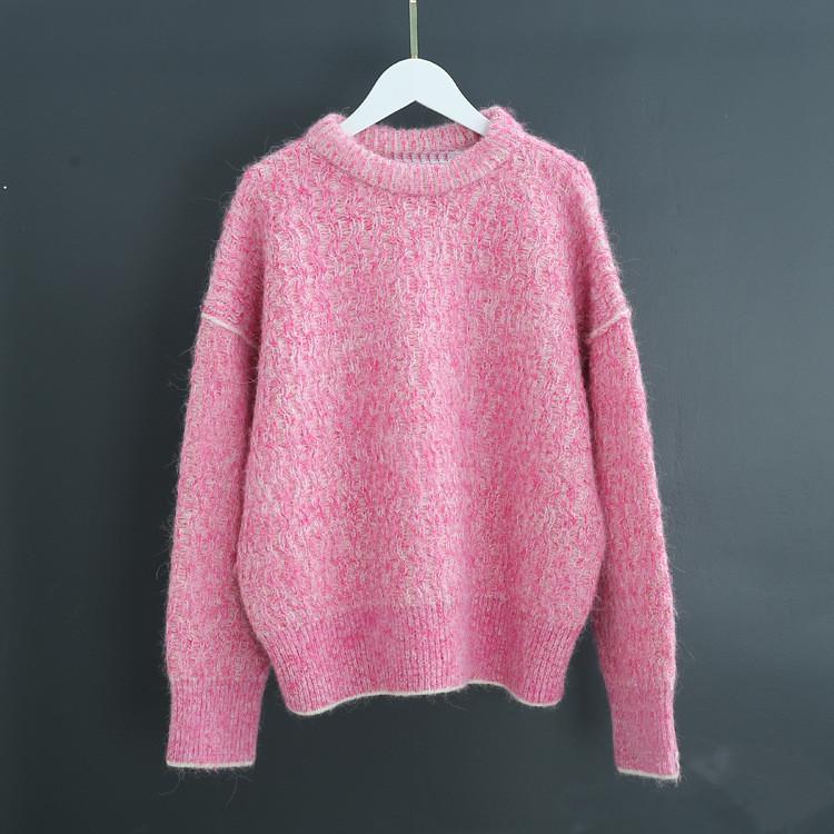 

Wool Blend women knit sweater pink long sleeve o-neck casual loose lady pullover sweater autumn winter new, As pic
