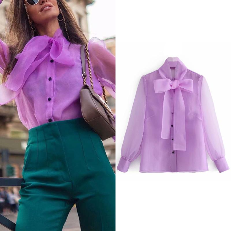 

Best Selling Lady Solid Color Lantern Sleeves Chiffon Blouse Women Slim Lapel Bow Sexy Shirt Micro-Transparent Shirt Women Tops, Purple
