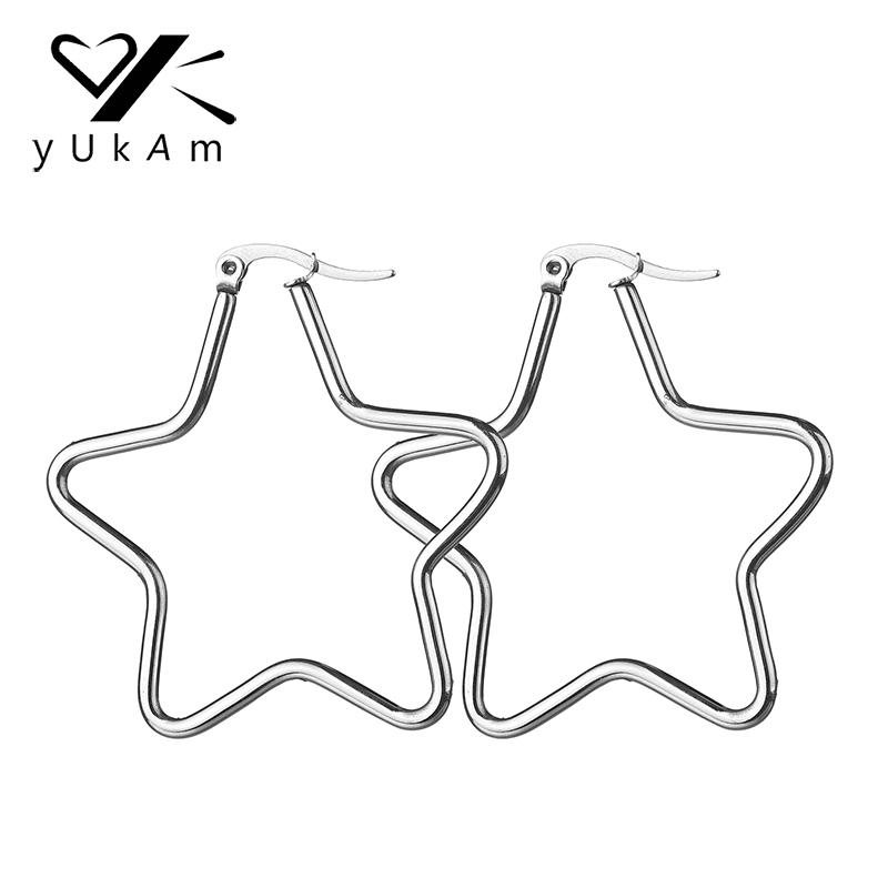 

YUKAM Jewelry Simple Big Five Pointed Star Creole Earrings Long Stainless Steel Silver Color Large Star Hoop Earrings for Women