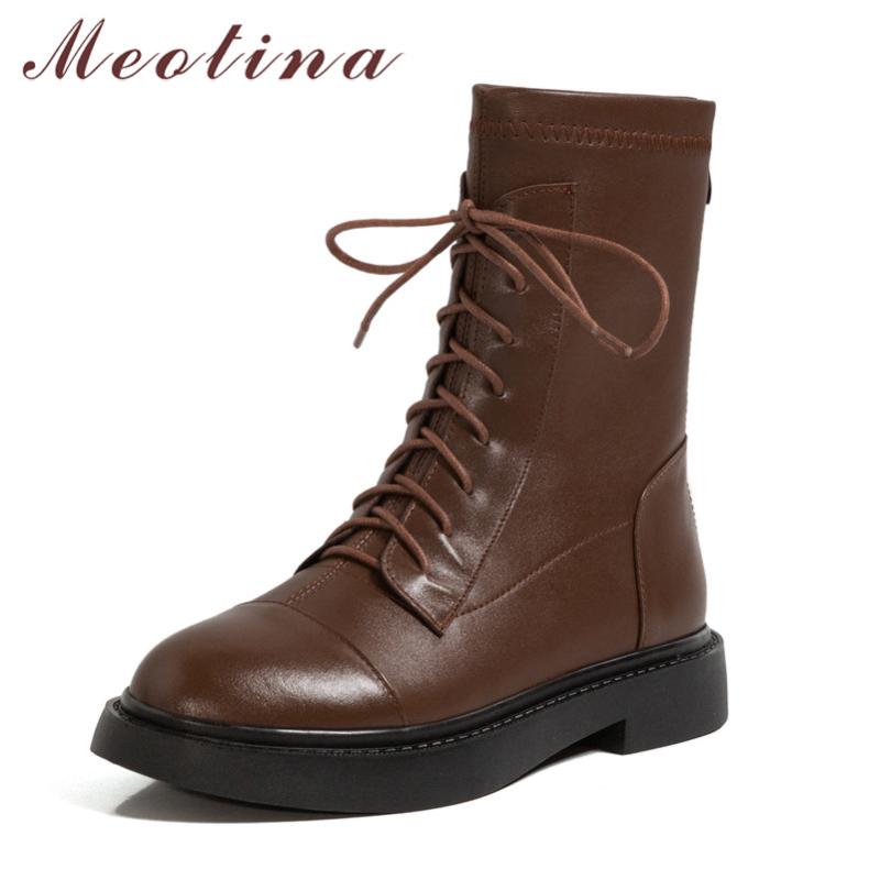 

Meotina Motorcycle Boots Women Shoes Natural Genuine Leather Platform Flats Ankle Boots Zip Cross Tied Short Black Size 43, Black synthetic lin