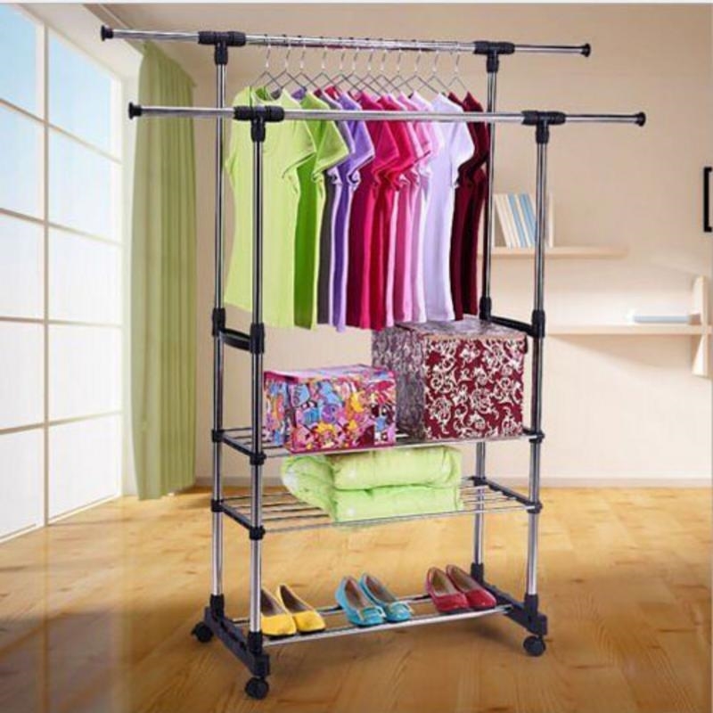

Dual Bars Horizontal & Vertical Telescope Style 3 Tiers Stainless Steel Clothing Garment Shoe Rack B T200413