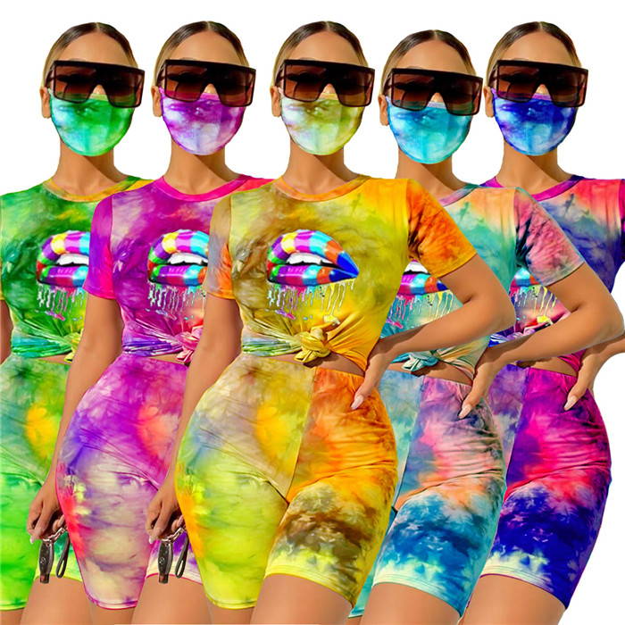 

Tie Dye Womens 3pcs Tracksuits Lip Pattern Short Sleeve T Shirts Slim Biker Shorts and Mask Casual House Wear Women Fitness Sports Sets, Gray