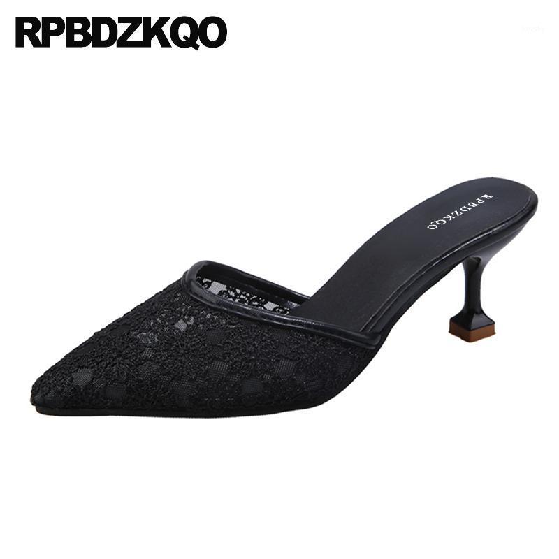 

stiletto 3 inch thin lace shoes scarpin slip on cheap mules slipper pointed toe black sandals high heels ladies 2021 women pumps1, Beige