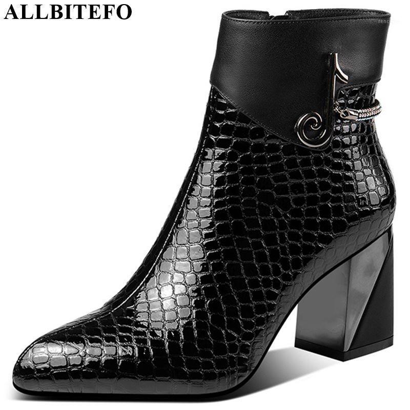 

ALLBITEFO hot sale genuine leather Stone grain ankle boots high heel women boots fashion pointed toe girls Autumn Winter1, No plush inside