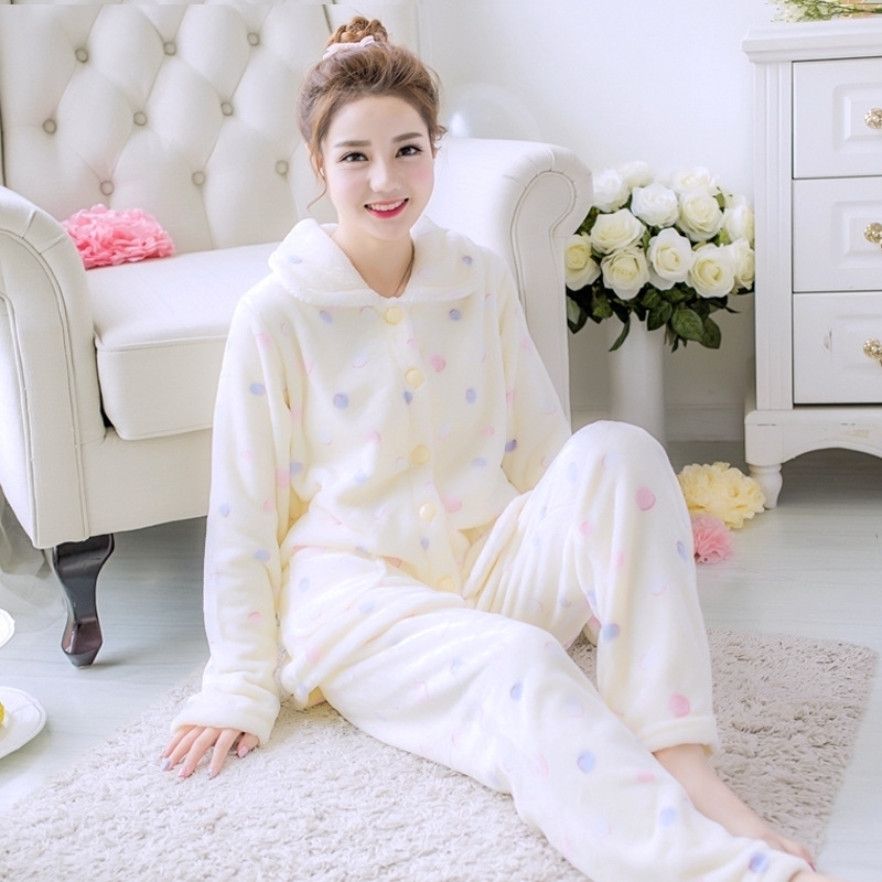 

Casual Flannel 2PCS Sleep Set Pijamas Lady Pajamas Suit Sleepwear Homewear Coral Fleece Winter Warm Nightwear Home Clothing 210203, Beige 2