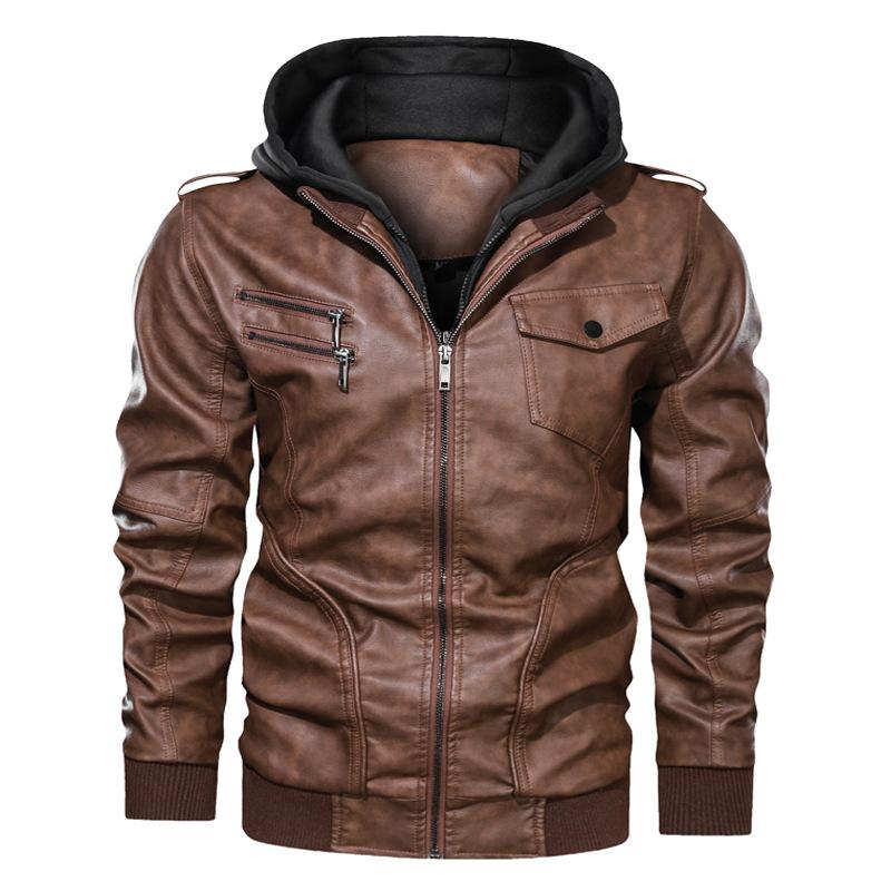 

2020 Autumn Winter Men Vintage Biker Motorcycle Jacket Windbreaker Hooded Jackets Male Outwear Warm Biker PU Jackets EU Size 3XL, Brown