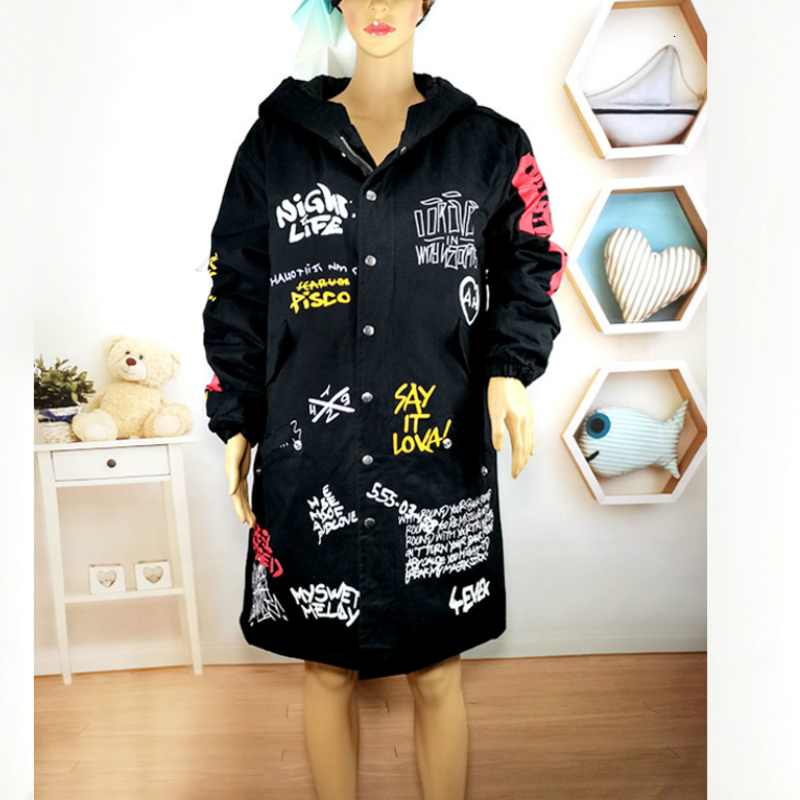 

2021 New Inverno Feminino Algodo Acolchoado Casacos Causal Solto Impresso Bluso Bf Com Capuz Parkas 4whz, Black