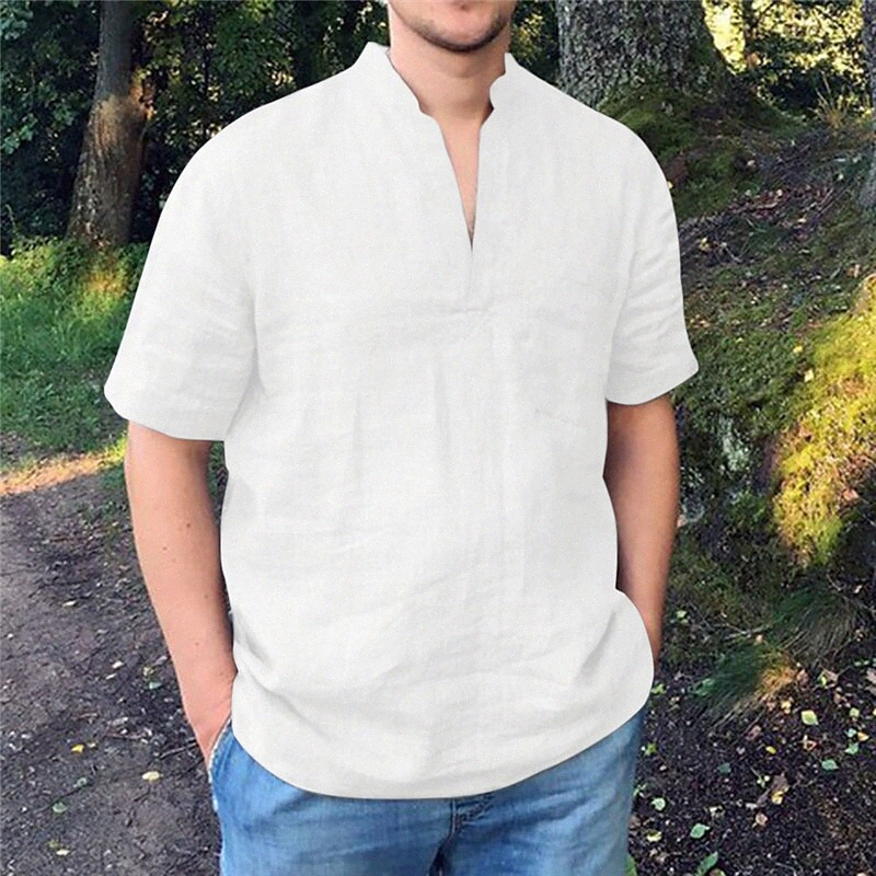 Men's Shirt Solid Color Stand Collar Casual Daily Button-Down Short Sleeve Tops Linen Lightweight Casual Fashion Breathable White Black Khak