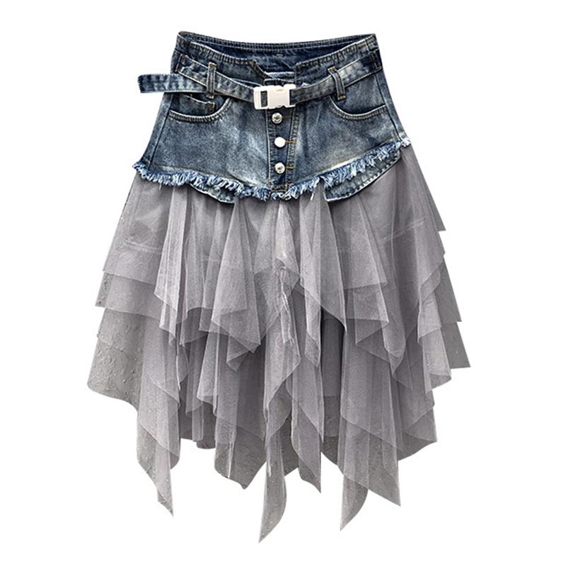 

Womens Denim Skirts Plus Size Asymmetrical Mesh Patchwork Pocket High Waist Pleated Midi Skirt Streetwear Ladies Jeans Skirts, Black