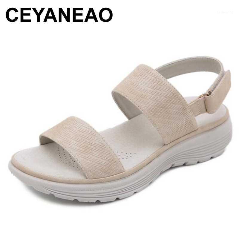 

CEYANEAOWomen Summer Beach Flats Sandals Shoes Woman PU Leather Gladiator Plus Size Flat Light Sandalias mujer sapato feminino1, Apricot