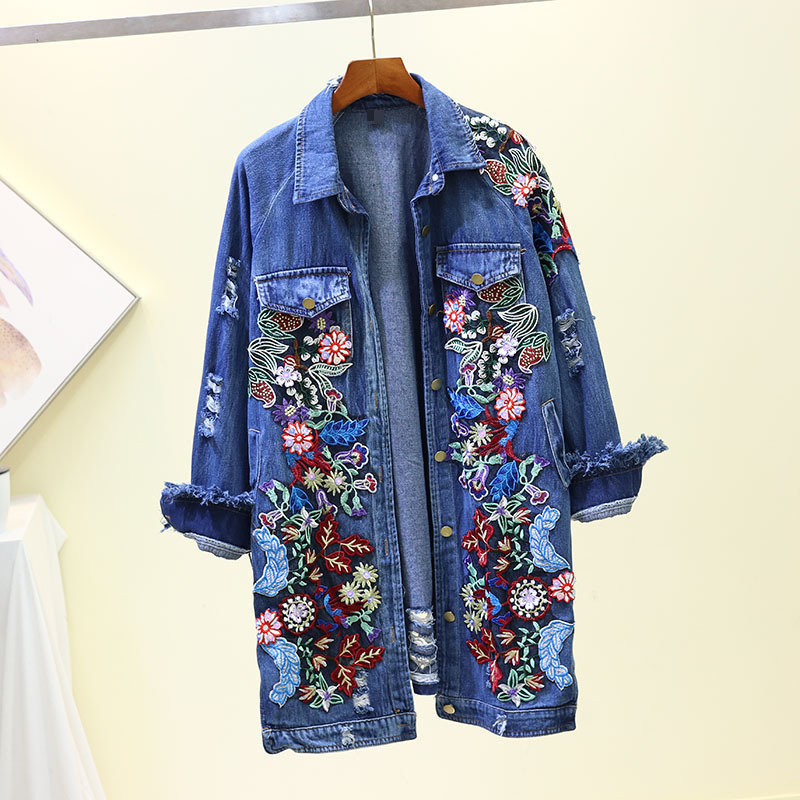 

Nova jaqueta jeans feminina longo casaco jean feminino denim femininas 2020 outono bordados flores jaquetas mulher, Blue