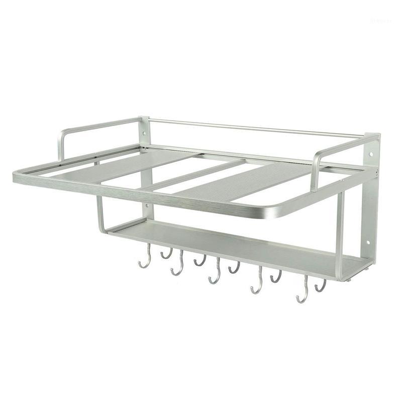 

2 Layers Space Aluminum Microwave Oven Rack Stand Kitchen Shelf Holder Wall Hanging with 10 Hooks1