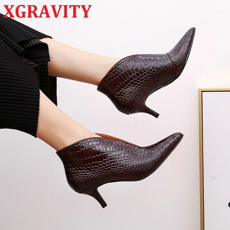 

XGRAVITY New Fashion Pointed Toe Boots Fashion V Cut Design Crocodile Pattern Ladies Boots Elegant Snakeskin Shoes C3261, Black