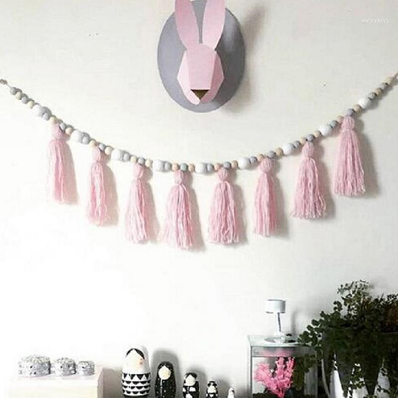 

2020 New Macarons Room Decoration Wooden Bead Tassel Wall Hanging Nordic Wood Girl Baby Beads Hanging Curtain Sticker Kids1