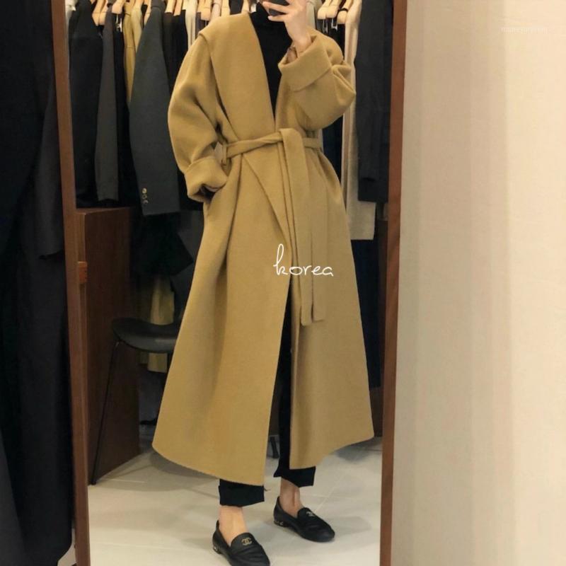 

Women Winter Vintage Elegant Long Wool Coat Jacket Hooded Brief Woolen Overcoat with waistband Outerwear cardigan1, Khaki