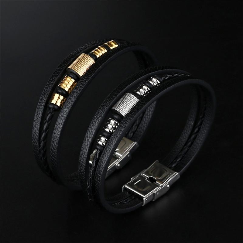 

Classic 3 Layers Black Gold Punk Style Design Leather Bracelet for Men Steel Stainless Steel Buckle Birthday Gift Male Bracelets