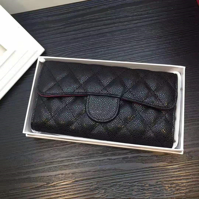 

New Caviar Genuine Leather Long and Short Wallet 3-fold Wallet for Women with Box luxurys designers Card Holders Wallet Purse, Red;black