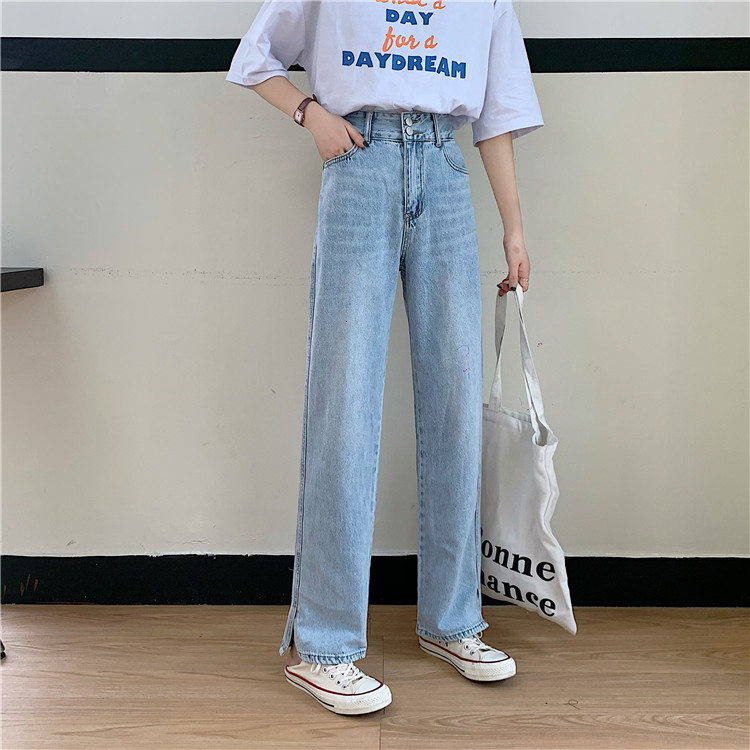 

2021 New Spring autumn and summer high waist casual side thin double breasted light-colored jeans fashion straight GKG6, Blue