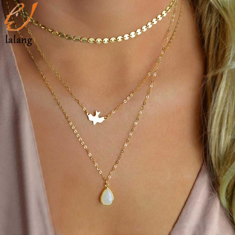 

2021 New Peace Dove Soar Flying Layers Crystal Sequins Chain pigeon bird Water Drop Pendant Multilayer Necklace
