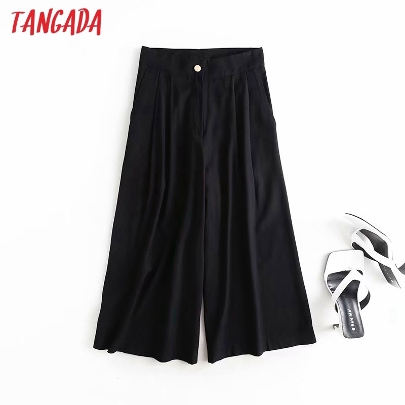 

Tangada fashion women high quality wide leg suit pants trousers pockets buttons office lady pants pantalon 4C60 201109, Black
