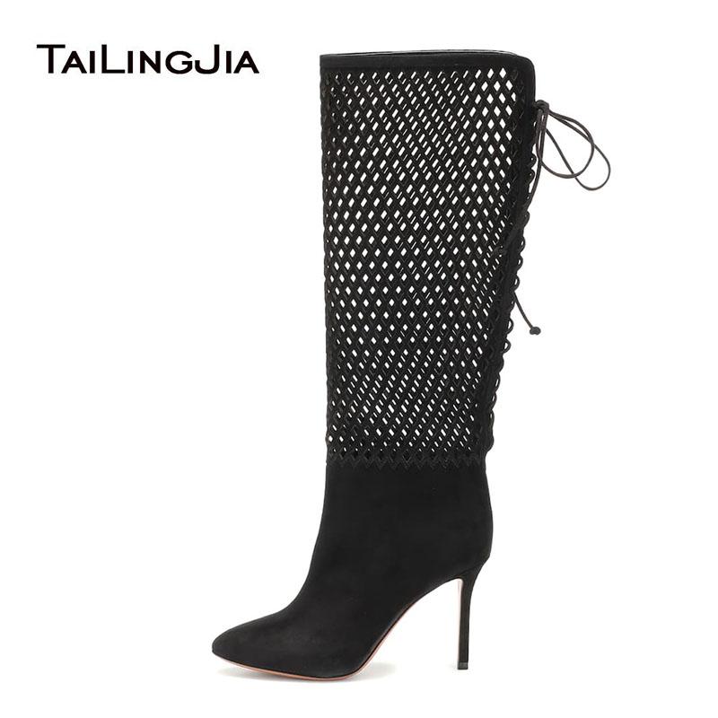 

Tailingjia Latest Ladies High Heel Autumn Shoes 2020 Pointed Toe Lace Up Womens Black Faux Suede Cutouts Knee High Boots