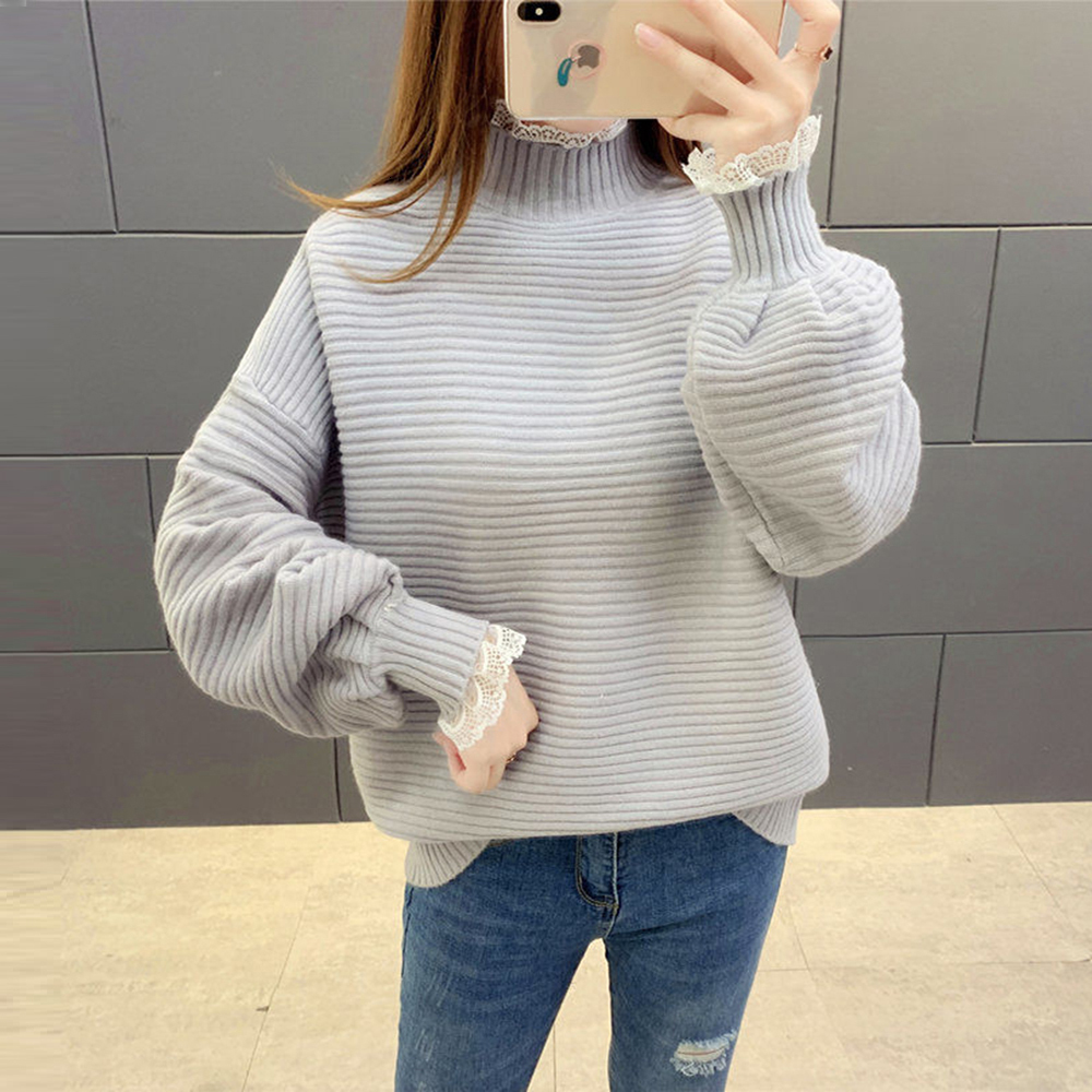 

2021 Lace Lantern Sleeve Loose Sweaters Women's Winter Spring New Korean Style Pullover Sweater Tops Trend RSEI, Gray