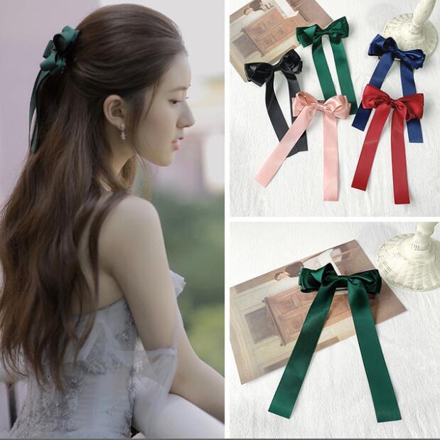 

Korean Fashion long streamer bow Hairpin versatile lady hair accessories Satin Trendy Casual ribbon hair clip, Black