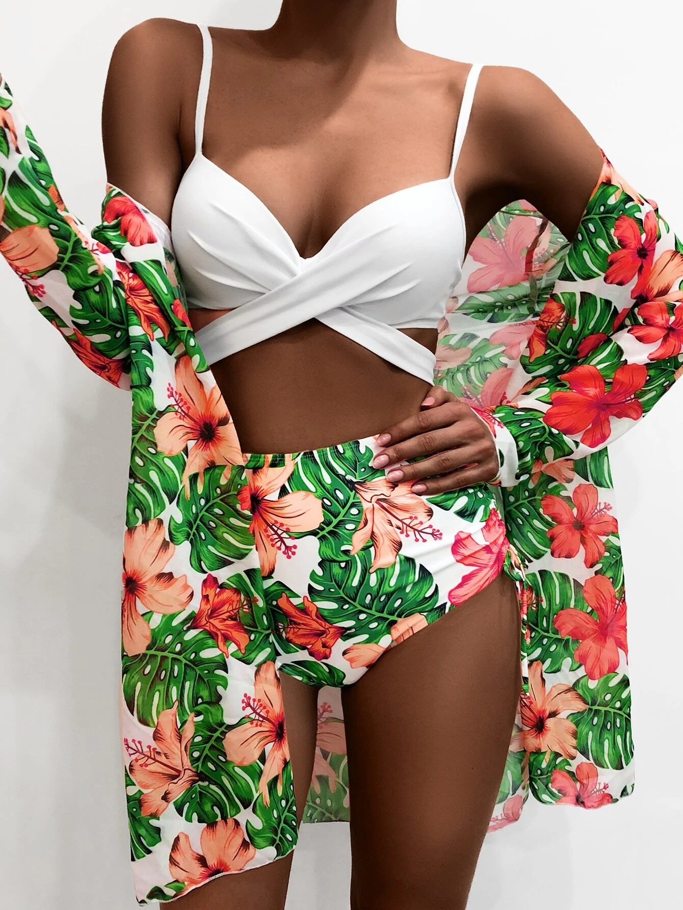 Women&#039;s Swimwear Three Pieces Set Cover Up Women Swimsuit Print Long Sleeve Bathing Suit Beachwear Swimming Biquini-image-754290400