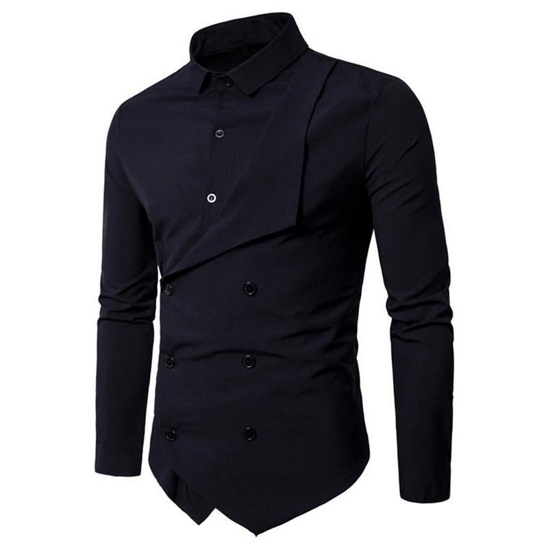 

Men Luxury Dress Blouse New Design Fake 2 Pcs Party Shirts Formal Double Breasted Camisa Masculina Slim Blouses Chemise Homme, Black