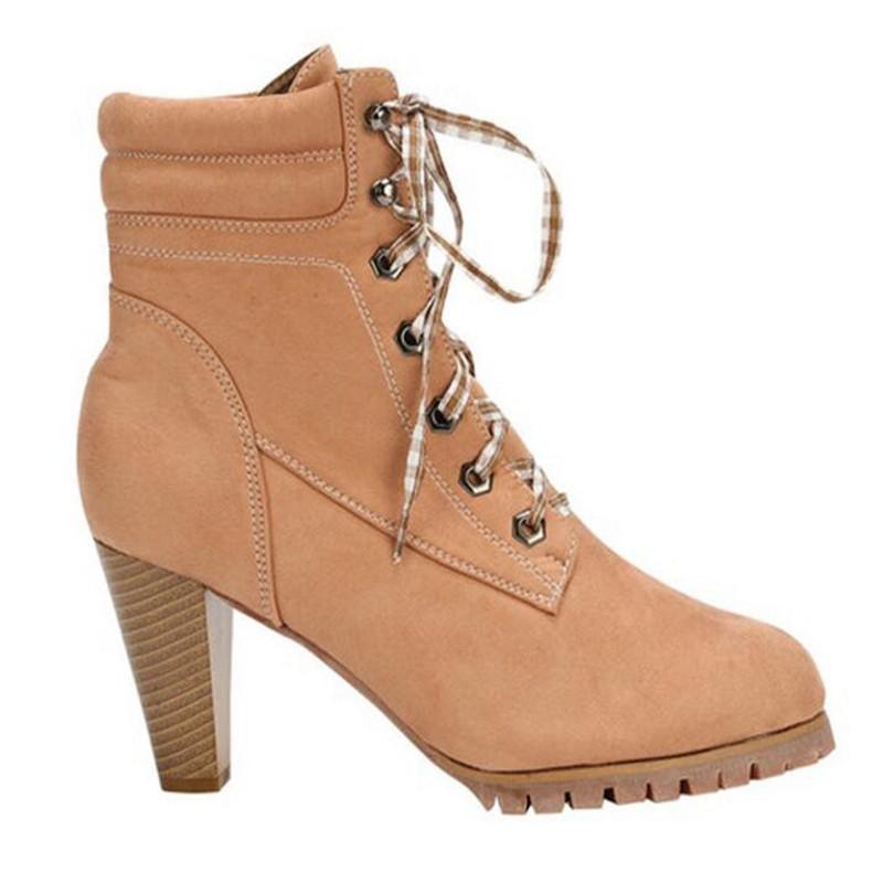

Boots Women Autumn Ankle Boots For Women Thin Heel Flock Pointed Toe Square heel 10CM Lace Up Casual Female Shoes Leather, See chart