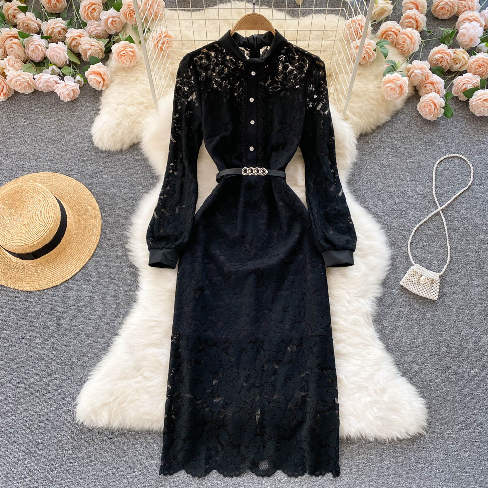 

Women Casual Dresses New Fashion Autumn and Winter Slim Round Collar Long Sleeve Lace Package Hip Black Dress Vintage Clothes Vestidos 2022, Same as picture
