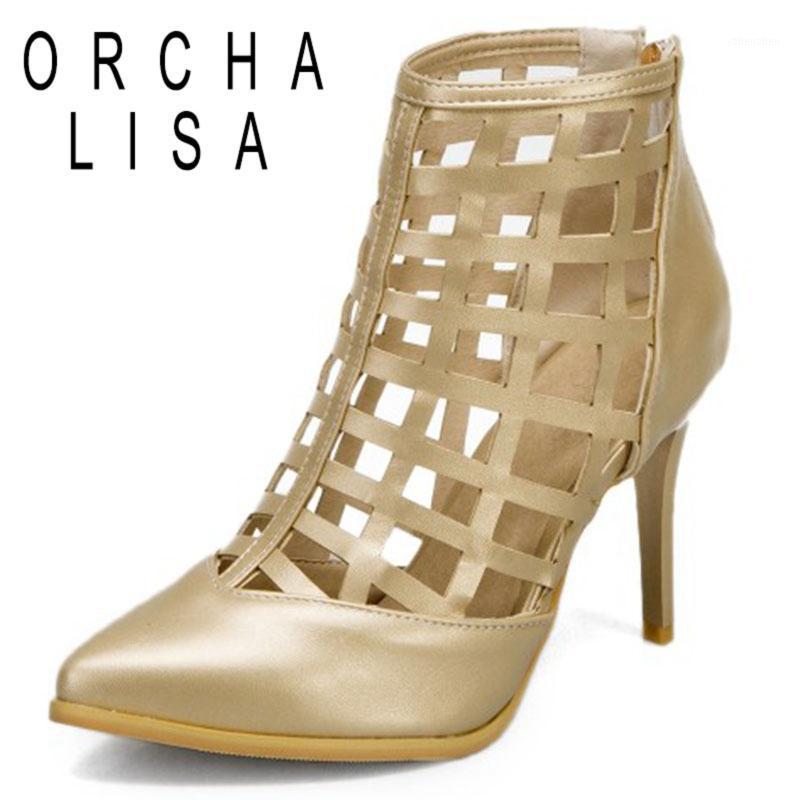 

ORCHA LISA Summer Novelty Sandals Ankle Boots Pointed Toe 9cm Thin High Heels zipper Cut-Outs size 33-50 Leisure Concise B19331, Silver