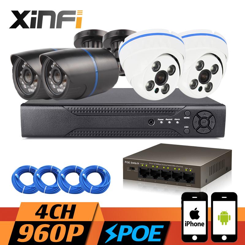 

XINFI 4CH POE System 1080P NVR Recorder with 4 POE 960P HD Outdoor / indoor Camera Home Security Camera System CCTV kit