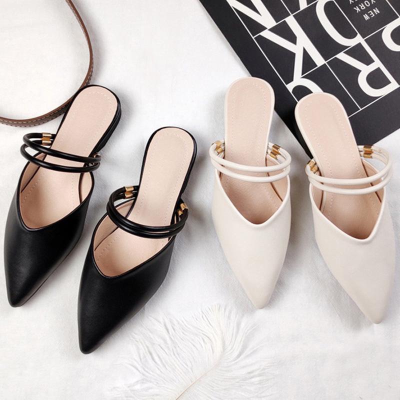 

Women's Summer Leather Slides Pointed Low Heel Slippers Ladies Brand Lazy Flip Flops Female Black Mules Shoes Pumps Footwear Hot, As shown