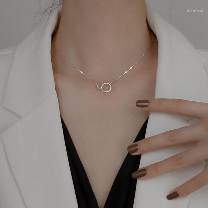 

Minimalism 925 Sterling Silver Round Double Circle Zirconia Necklaces & Pendants For Women Party Gift Choker lovers Jewelry1