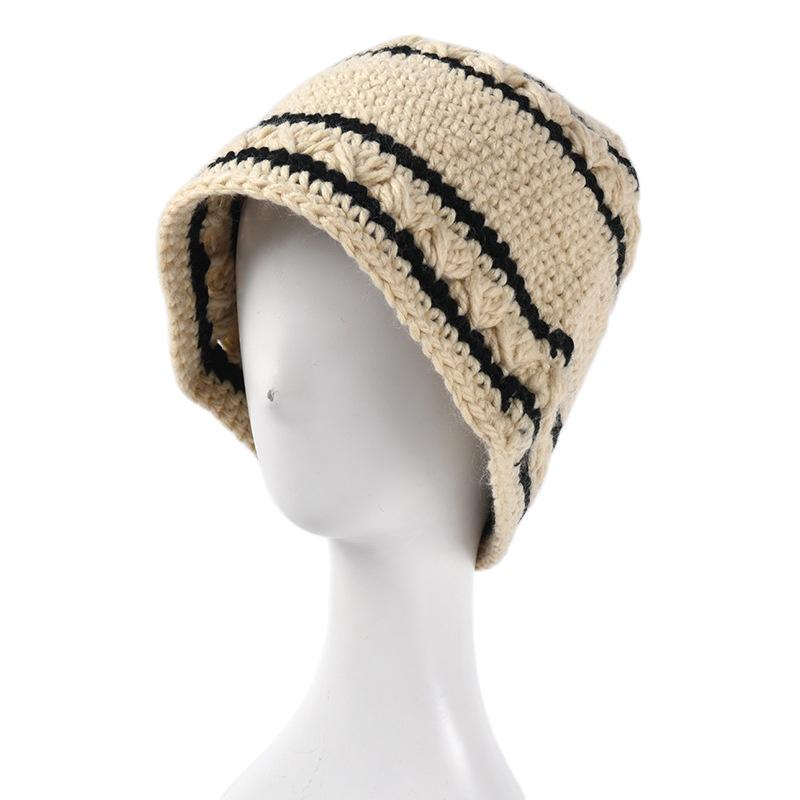 

2021 Spring Autumn New Style Coarse Yarn Hand Hook Bucket Hat Women Korean Version All-Match Stripe Knit Fisherman Hat Foldable, Blue