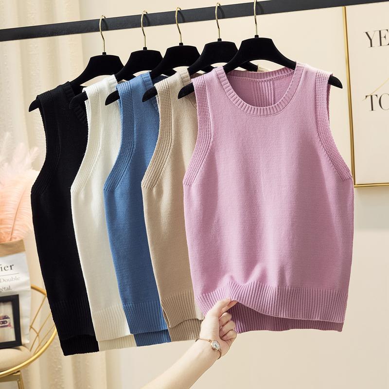 

2021 spring and autumn women's loose sweater vest pink office lady knitted vest waistcoat short coat pull sans manches femme top, Beige