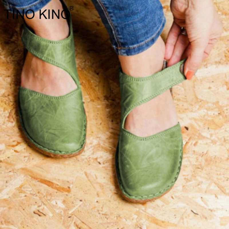 

2021 New Women Pu Leather Flats Vintage Sewing Hook Loop Woman Sandals Ladies Buckle Soft Casual Shoes Summer 19qd, Black