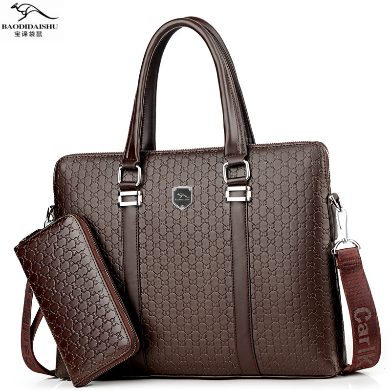 

Wholesale brand shoulder bag European and American popular classic embossed business briefcase horizontal large capacity five-piece men handbag, Brown3-1905