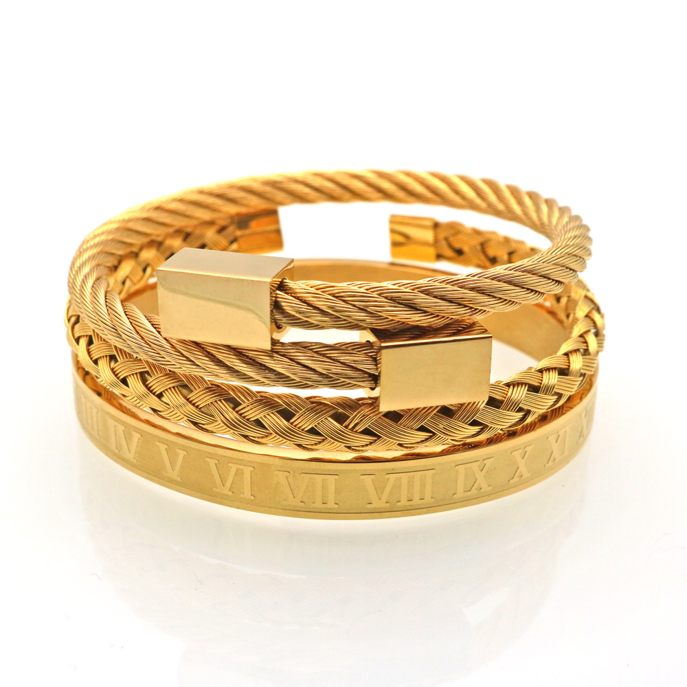 

Stainless steel jewelry men charm bracelets gold bangles 3 piece set hexagonal square head roman numeral woven mens silver steel wire bracelet bangle jewellry gift