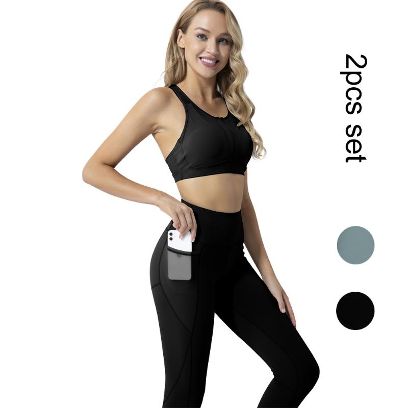 

Women Yoga Set Cross Wireless Bra and Pocket Leggings with Pocket 2PCS GYM Exercise Yoga Suits, Black