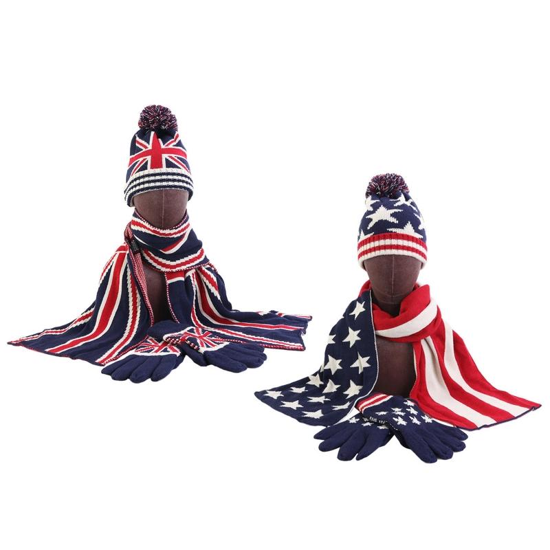 

Women Men Winter 3 Pieces Beanie Hat Long Scarf Gloves Set UK British USA American Flag Stripes Printed Pompom Skull Cap
