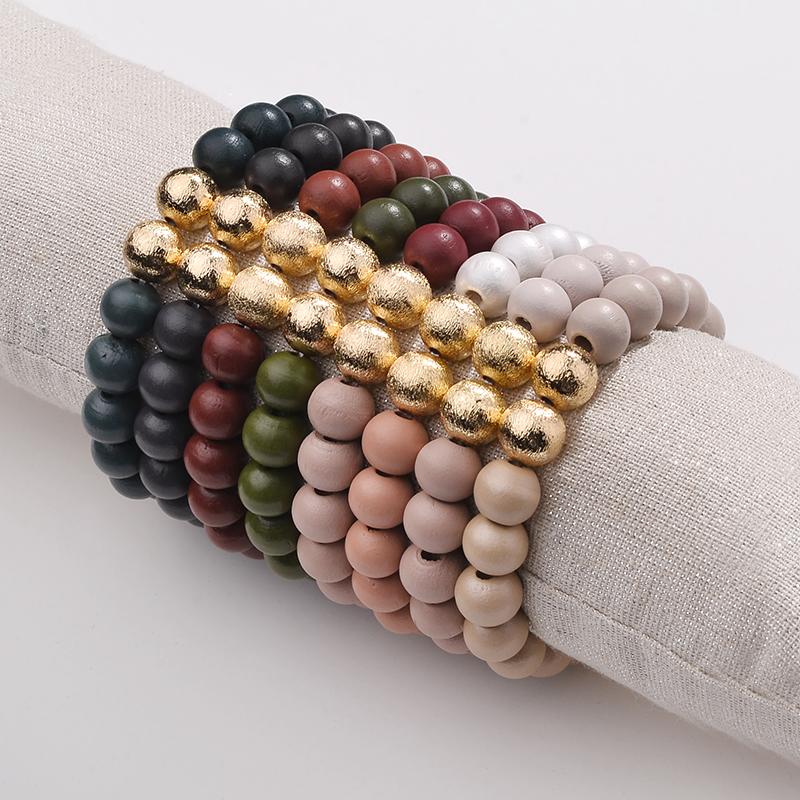 

CHIAO Fashion Trendy Brass Ball Colorful Wood Beaded Strand Stacked Women Bracelets