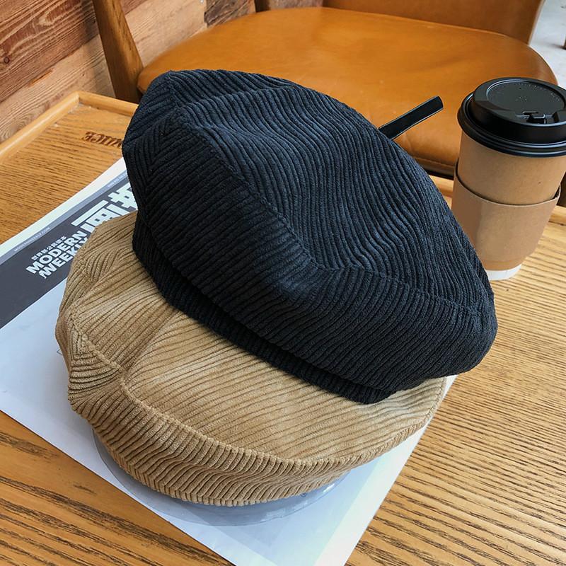 

Berets Corduroy Beret Woman Hat Solid Color Fashion Autumn Winter Vintage Painter Women Hats, Black