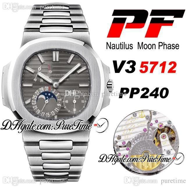 

PF V3 5712 Moon Phase PP240 Automatic Mens Watch Power Reserve Gray Texture Dial Stainless Steel Bracelet Best Edition PTPP Puretime C03, Customized waterproof service